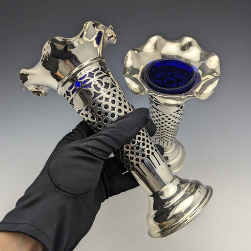 1906 British Antique Sterling Silver Large Vase Pair Cobalt Inner